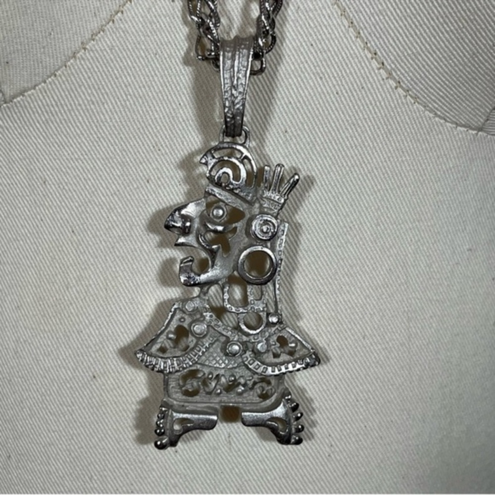 Vintage 60 70 MCM Maximalist
Oversized Aztec Inca Silver Long Mod
Necklace